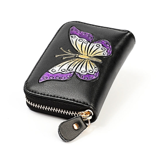 KB152 Butterfly Pattern Zipper Cowhide Leather Organ Shape Multiple Card Slots Anti-magnetic RFID Wallet for Ladies(Purple) by bashfashion