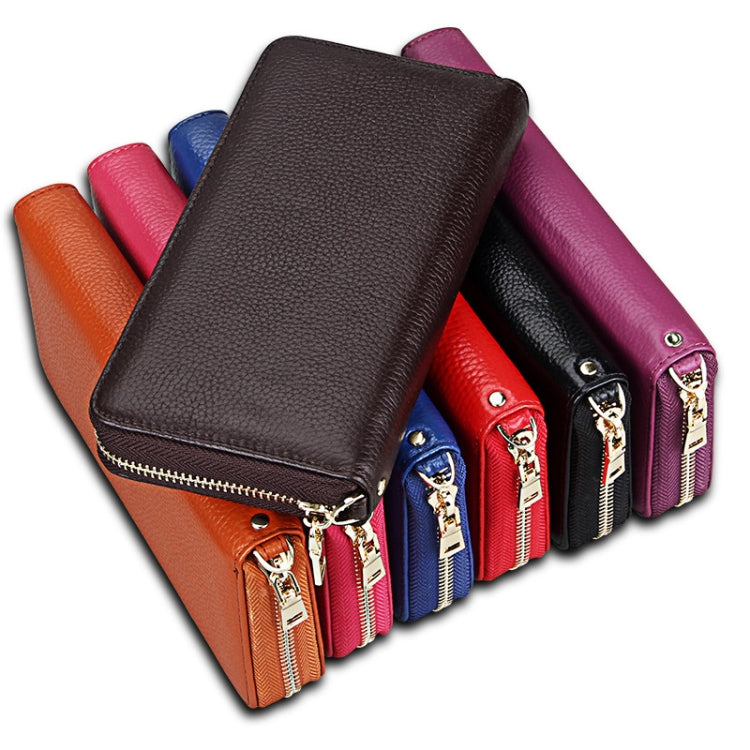 Genuine Cowhide Leather Litchi Texture Zipper Long Style Card Holder Wallet RFID Blocking Coin Purse Card Bag Protect Case with Hand Strap for Women, Size: 20*10.5*3cm(Magenta) by bashfashion