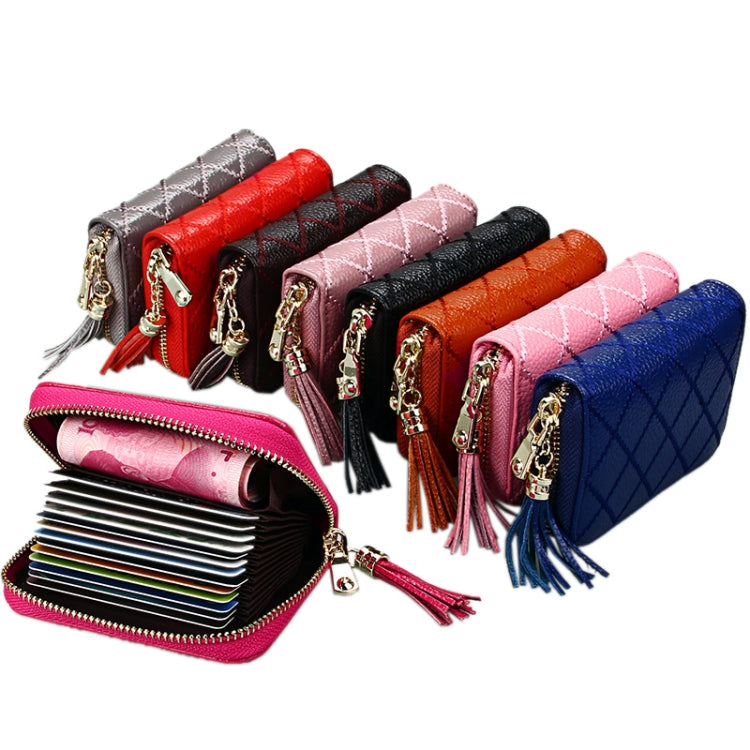 Genuine Cowhide Leather Grid Texture Zipper Card Holder Wallet RFID Blocking Card Bag Protect Case Coin Purse with Tassel Pendant & 15 Card Slots for Women, Size: 11.1*7.9*3.5cm by bashfashion