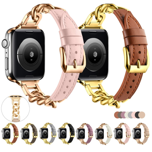 For Apple Watch Series 9 45mm Chain Genuine Leather Watch Band, Size: S(Rose Gold Pink) by bashfashion