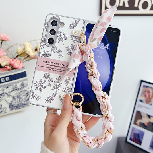 For Samsung Galaxy Z Fold3 5G Pearlescent Paint Painted PC Phone Case with DIY Scarf Bracelet(Sketch Flower) by bashfashion