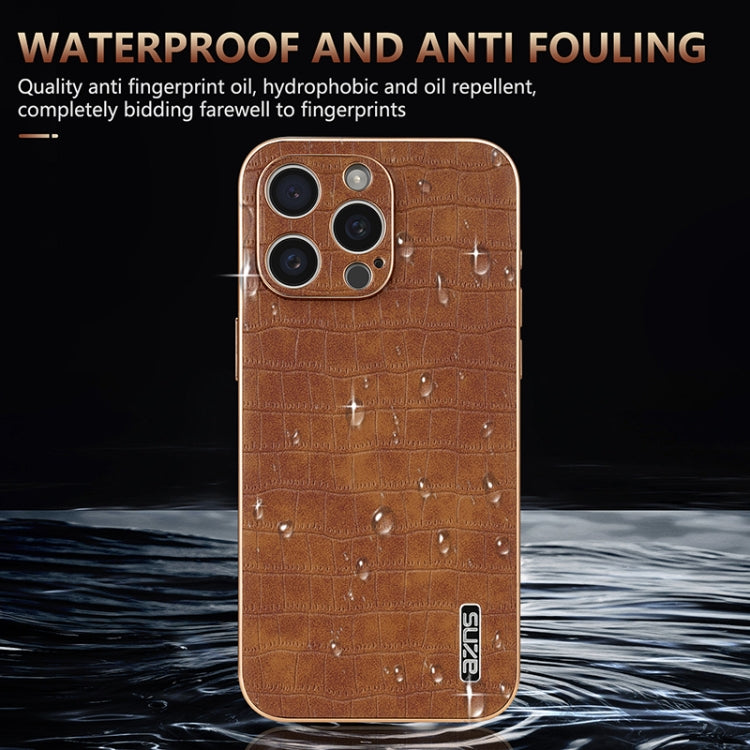 For iPhone 16 Pro AZNS Electroplated Frame Crocodile Texture Full Coverage Phone Case(Brown) by AZNS