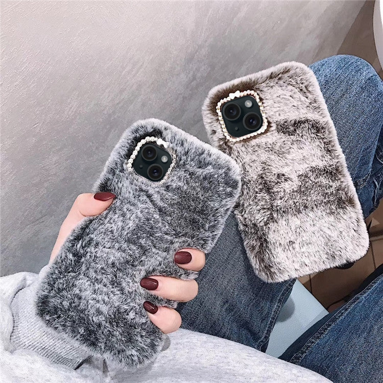 For iPhone 13 mini Diamond Lens Ring Solid Color Plush Phone Case(Brown) by bashfashion