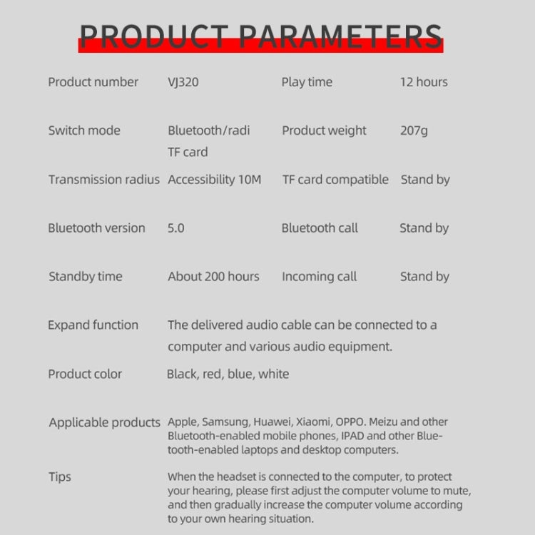 VJ320 Bluetooth 5.0 Head-mounted Foldable Wireless Headphones Support TF Card with Mic(Black) by bashfashion