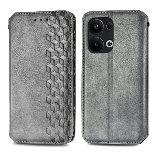 For OPPO Reno9 Pro+ Cubic Grid Pressed Magnetic Leather Phone Case(Grey) by bashfashion