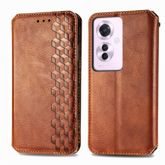 For OPPO Reno11 F 5G Cubic Grid Pressed Magnetic Leather Phone Case(Brown) by bashfashion