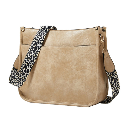 013 Leopard Strap PU Leather Single-shoulder Waterproof Crossbody Tote Bag(Khaki) by bashfashion