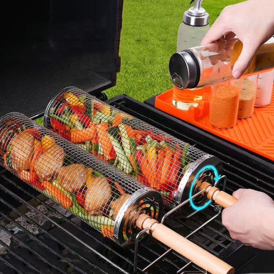 Upgrade Flip-top Lid BBQ Cage Stainless Steel Rolling Grilling Basket With Wooden Handle Large by bashfashion
