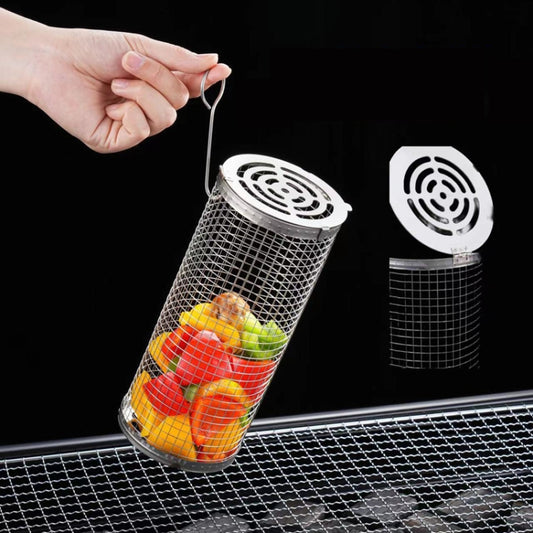 Upgrade Flip-Top Lid BBQ Cage Stainless Steel Rolling Grilling Basket, Spec: Small+Large by bashfashion