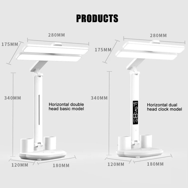 Double Head Horizontal Desk Lamp 3 Light Color Reading Lamp, Spec: Charging Clock Model by bashfashion