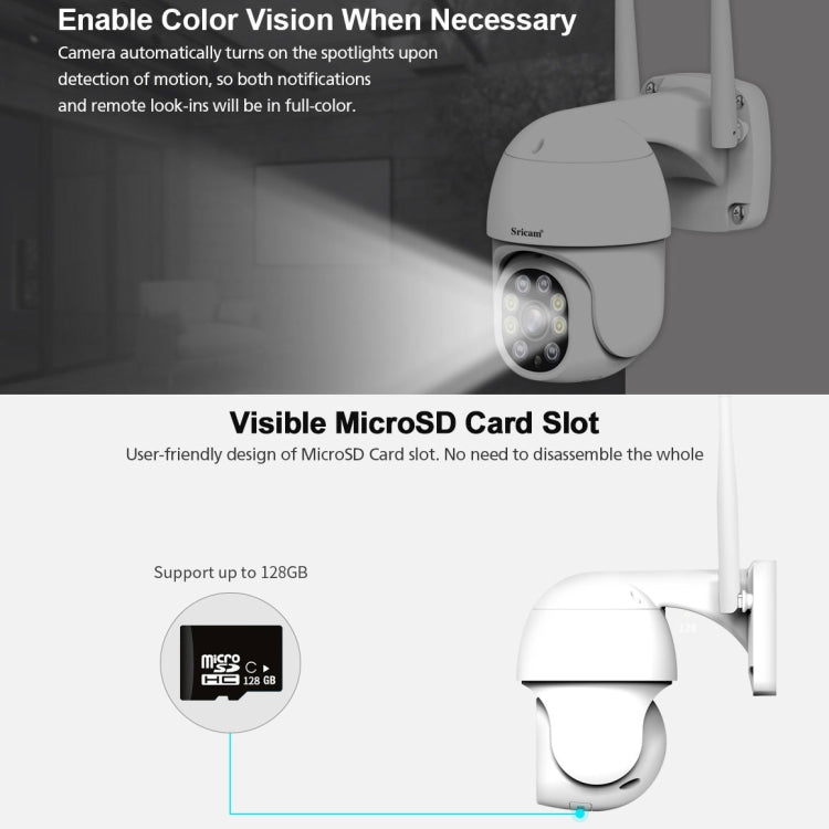 Sricam SP028 1080P HD Outdoor PTZ Camera, Support Two Way Audio / Motion Detection / Humanoid Detection / Color Night Vision / TF Card, EU Plug by Sricam