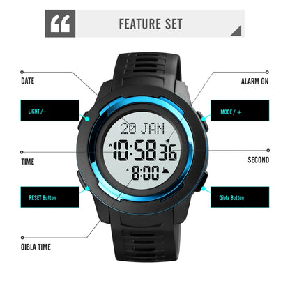 SKMEI 1729 Qibla Calendar Timing Multifunctional LED Digital Display Luminous Electronic Watch(Gold and White) by SKMEI