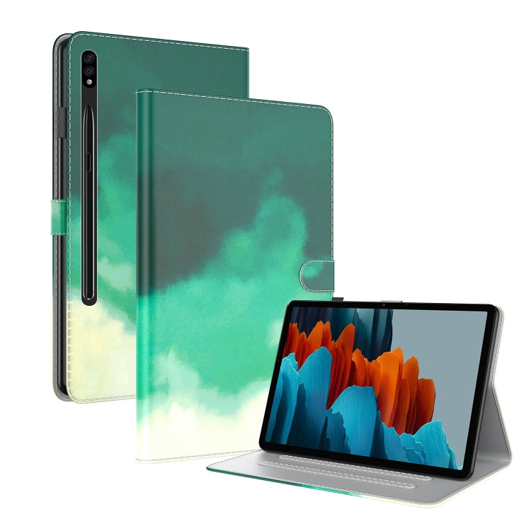 For Samsung Galaxy Tab S9 Watercolor Pattern Flip Leather Tablet Case(Cyan Green) by bashfashion