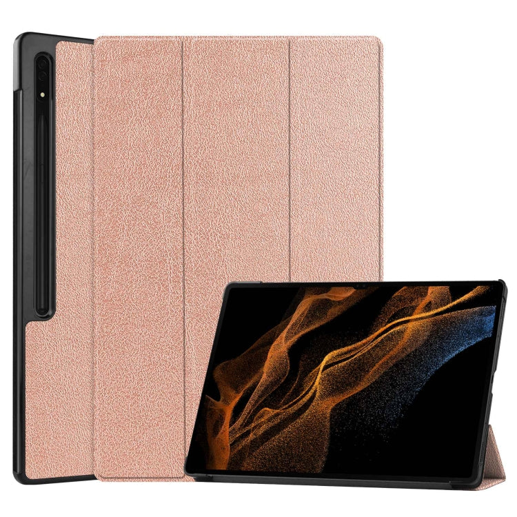 For Samsung Galaxy Tab S10 Ultra / S9 Ultra Custer Pure Color 3-Fold Holder Smart Leather Tablet Case(Rose Gold) by bashfashion