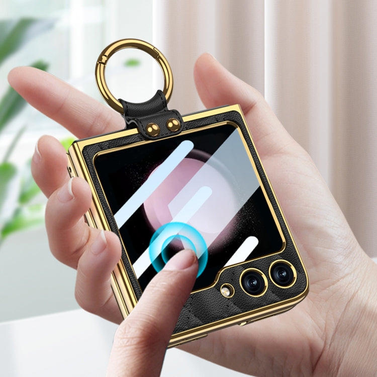 For Samsung Galaxy Z Flip5 GKK Integrated Plating Diamond Texture PU Phone Case with Ring(Black) by GKK