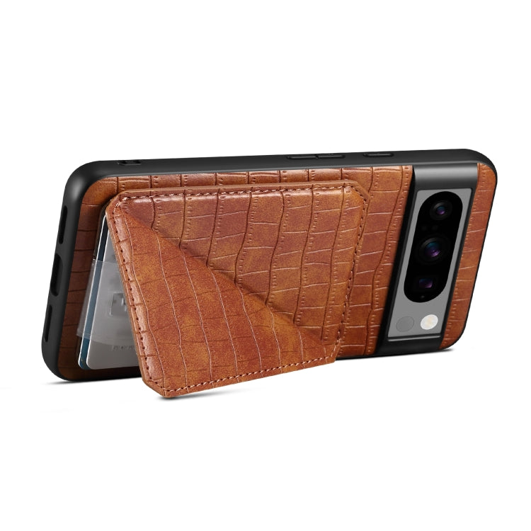 For Google Pixel 8 Pro Denior Crocodile Texture Holder Electroplating Phone Case(Brown) by Denior