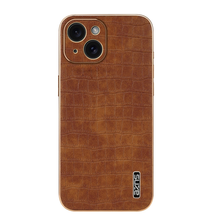 For iPhone 15 AZNS Electroplated Frame Crocodile Texture Full Coverage Phone Case(Brown) by AZNS