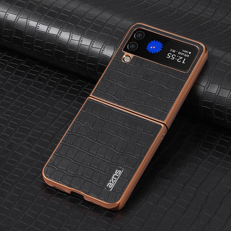 For Samsung Galaxy Z Flip4 5G AZNS Electroplated Frame Crocodile Texture Full Coverage Phone Case(Black) by AZNS