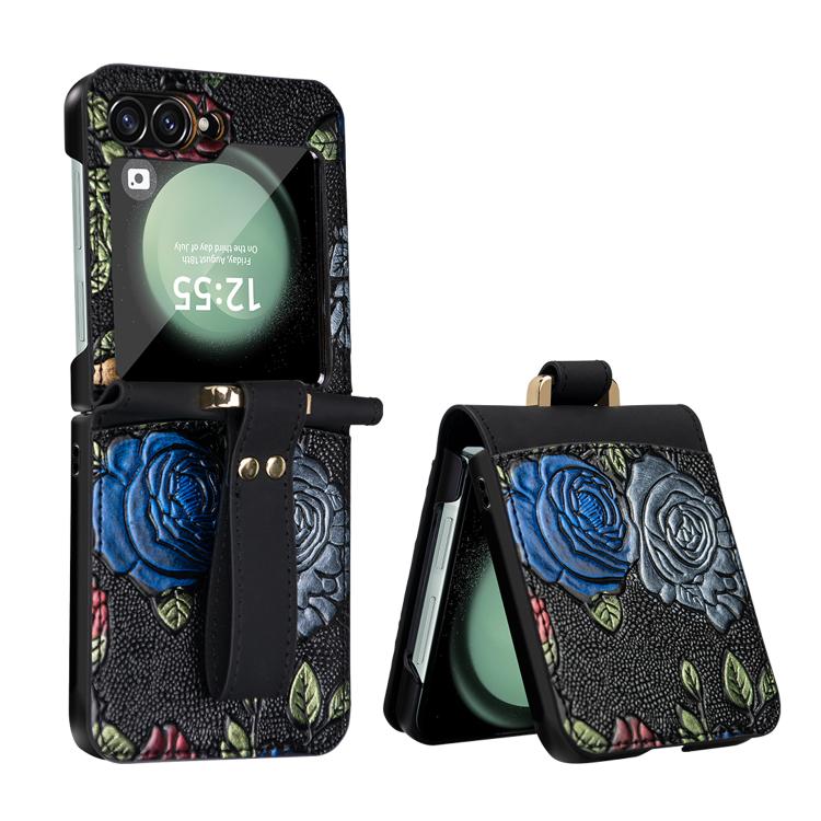 For Samsung Galaxy Z Flip6 VIETAO Integrated Embossed Pattern Full Coverage Phone Case with Wrist Strap(Black) by VIETAO