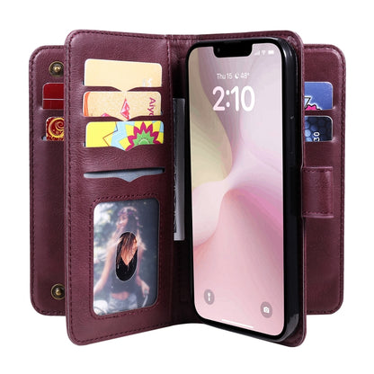 For iPhone 16e Multi-Function Wallet 10 Card Slots Leather Phone Case(Claret) by bashfashion