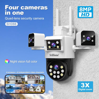 SriHome SH066 8MP HD Quad Lens Security Camera, Support Full Color Night Vision / Two-way Audio(EU Plug) by SriHome