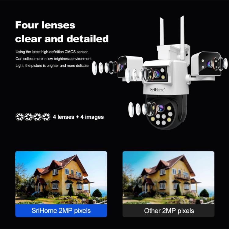 SriHome SH066 8MP HD Quad Lens Security Camera, Support Full Color Night Vision / Two-way Audio(EU Plug) by SriHome