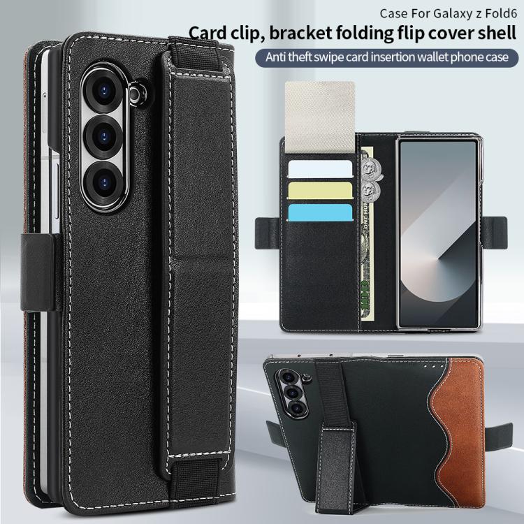 For Samsung Galaxy Z Fold6 VIETAO Integrated Spliced Leather Phone Case with Elastic Bowl Strap(Black) by VIETAO