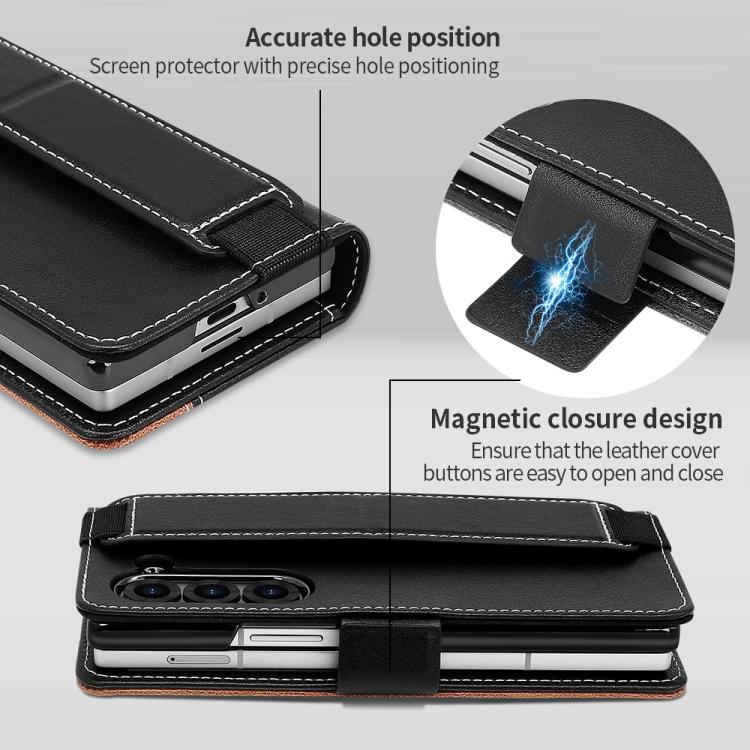 For Samsung Galaxy Z Fold6 VIETAO Integrated Spliced Leather Phone Case with Elastic Bowl Strap(Black) by VIETAO