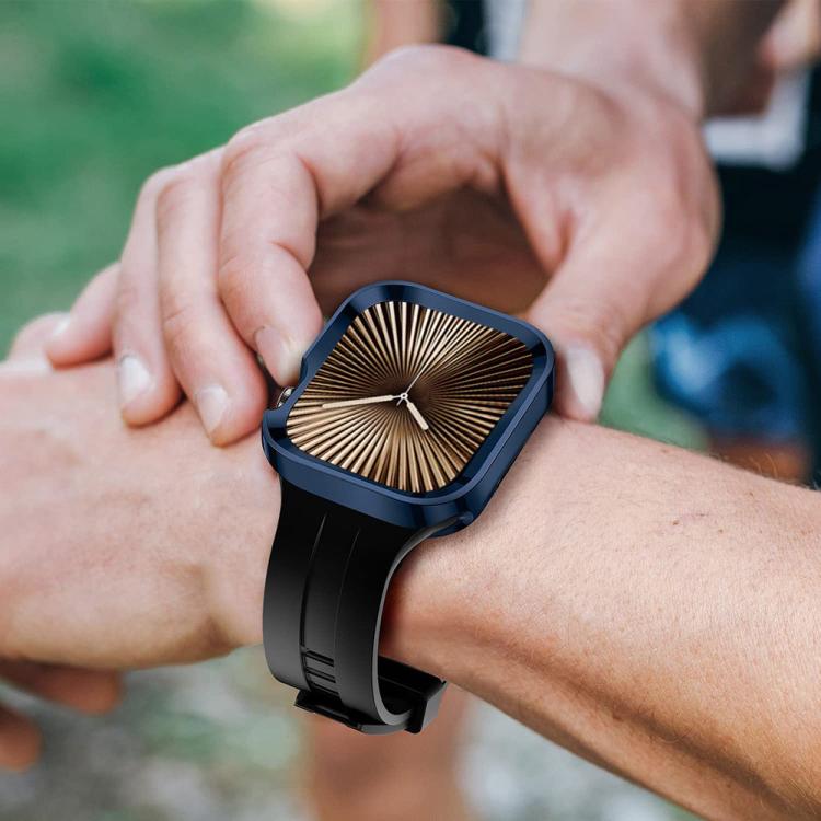 For Apple Watch Ultra 3 / 2 / 1 49mm Wave Texture Reverse Buckle Silicone Watch Band with TPU Case(Dark Blue) by bashfashion