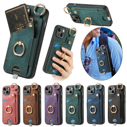 For iPhone 16e Retro Skin-feel Ring Card Bag Phone Case with Hang Loop(Green) by bashfashion