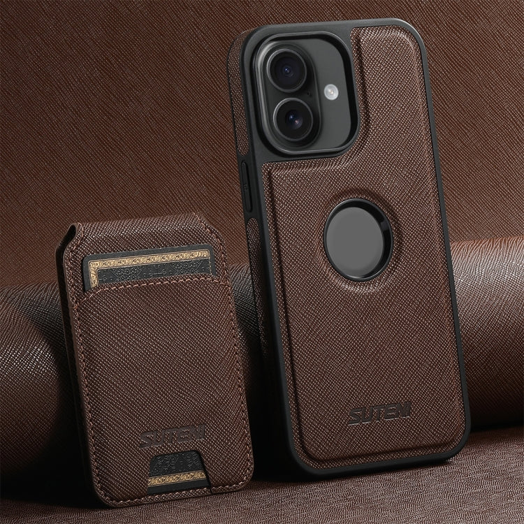 For iPhone 16 Plus Suteni M2 Cross-Grain MagSafe Vertical Card Back Phone Case(Brown) by Suteni