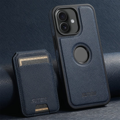 For iPhone 16 Plus Suteni M2 Cross-Grain MagSafe Vertical Card Back Phone Case(Blue) by Suteni