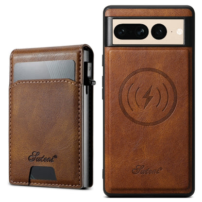 For Google Pixel 7 Pro Suteni H19 Oil Wax 2-in-1 MagSafe Removable Card Box Back Phone Case(Brown) by Suteni