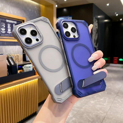 For iPhone 16 Plus Skin Feel Frameless MagSafe PC Phone Case with Fold Holder(Grey) by bashfashion