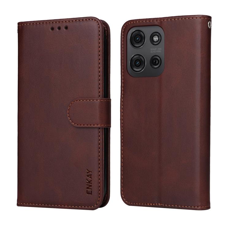 For Motorola Moto G75 ENKAY Card Wallet Calf Texture Leather Phone Case with Screen Film(Brown) by ENKAY