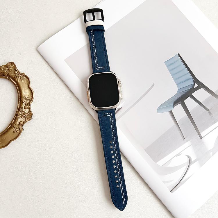 For Apple Watch 46mm / 49mm / 45mm / 44mm 7-Line Tri-Star Buckle Pull Up Leather Watch Band(Dark Blue White Thread) by bashfashion