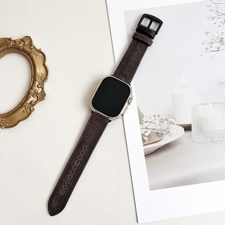 For Apple Watch 46mm / 49mm / 45mm / 44mm 7-Line Tri-Star Buckle Pull Up Leather Watch Band(Gray Black Thread) by bashfashion