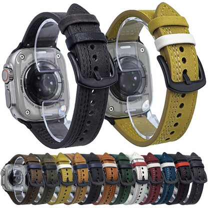 For Apple Watch 46mm / 49mm / 45mm / 44mm 7-Line Tri-Star Buckle Pull Up Leather Watch Band(Burgundy White Thread) by bashfashion