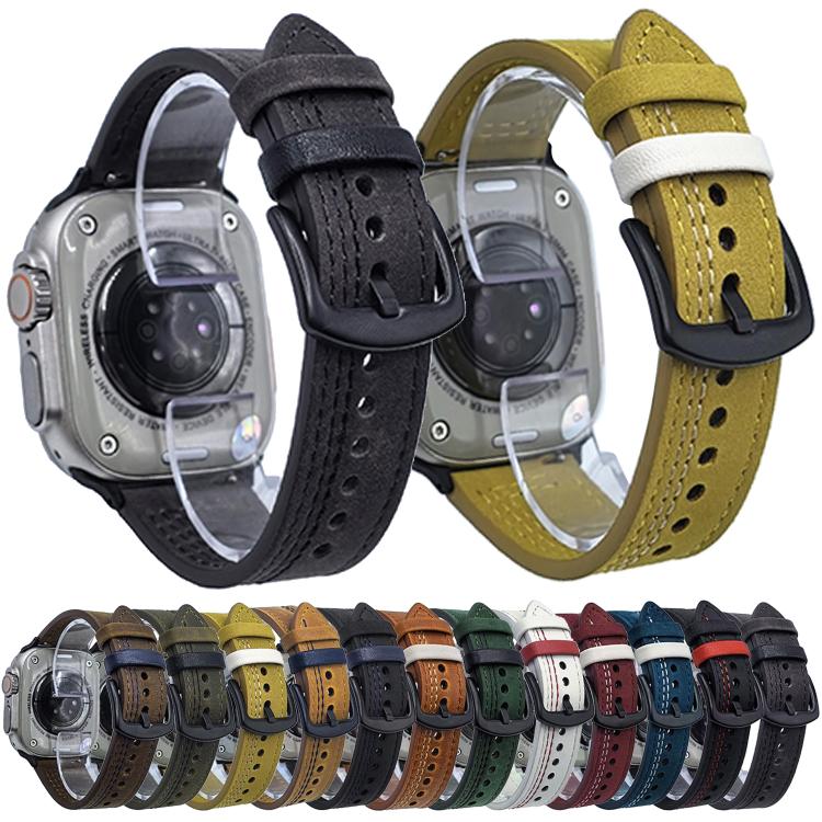 For Apple Watch 46mm / 49mm / 45mm / 44mm 7-Line Tri-Star Buckle Pull Up Leather Watch Band(Crazy Horse Green Black Thread) by bashfashion