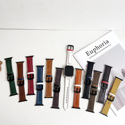 For Apple Watch 46mm / 49mm / 45mm / 44mm 7-Line Tri-Star Buckle Pull Up Leather Watch Band(Dark Blue White Thread) by bashfashion