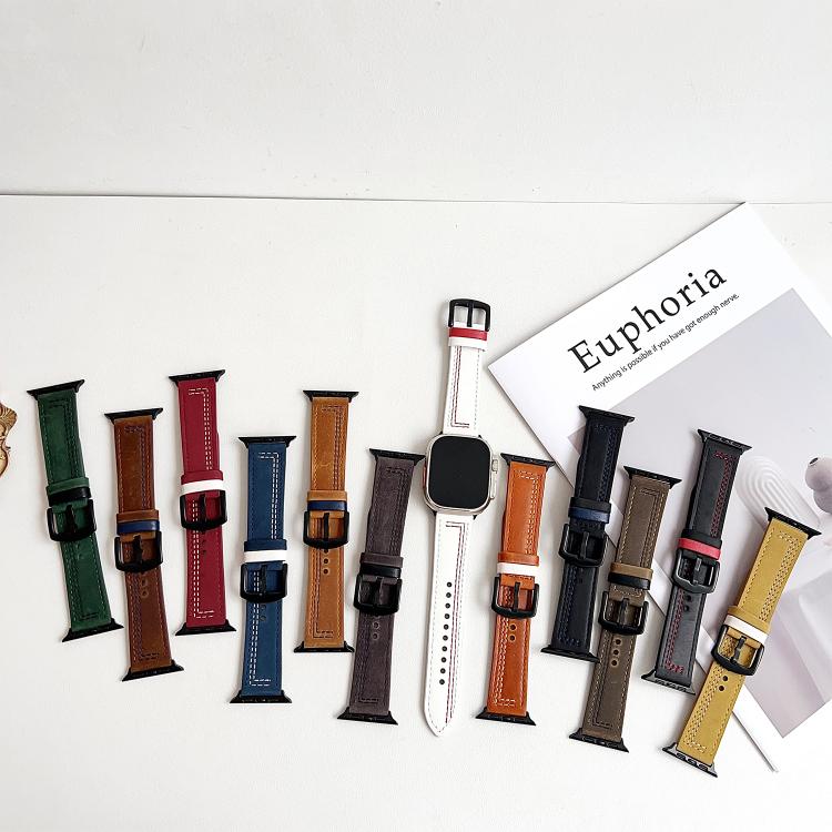 For Apple Watch 46mm / 49mm / 45mm / 44mm 7-Line Tri-Star Buckle Pull Up Leather Watch Band(Black Blue Thread) by bashfashion