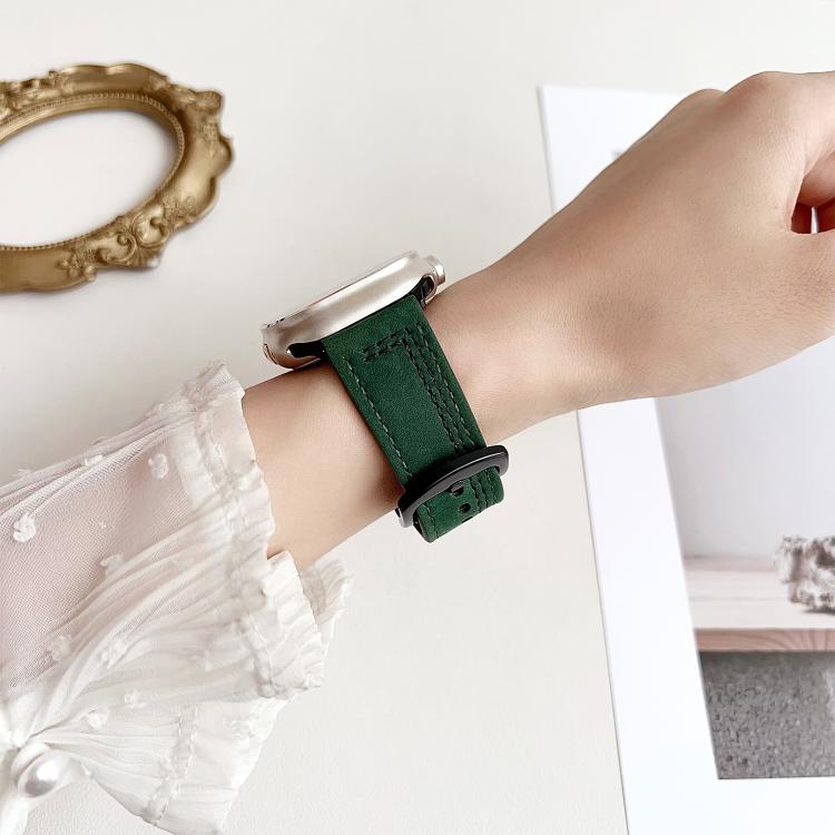 For Apple Watch 46mm / 49mm / 45mm / 44mm 7-Line Tri-Star Buckle Pull Up Leather Watch Band(Crazy Horse Green Black Thread) by bashfashion