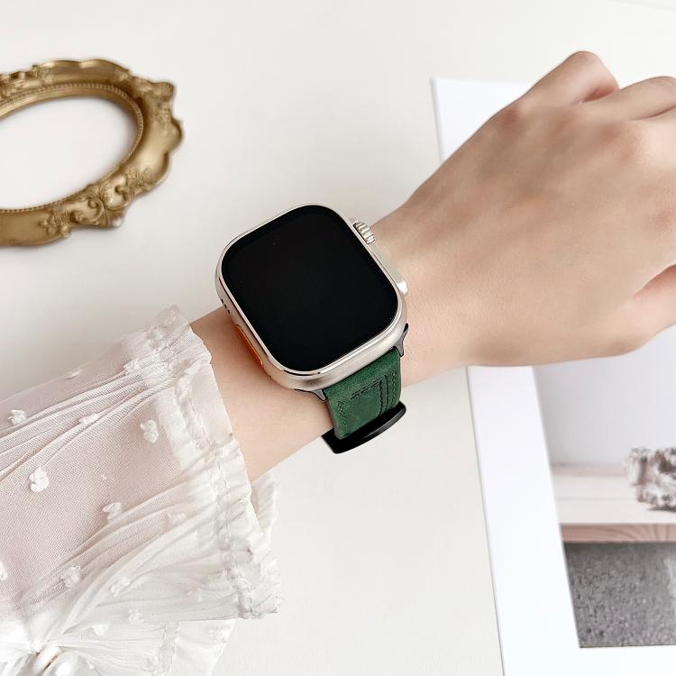 For Apple Watch 46mm / 49mm / 45mm / 44mm 7-Line Tri-Star Buckle Pull Up Leather Watch Band(Light Yellow White Thread) by bashfashion