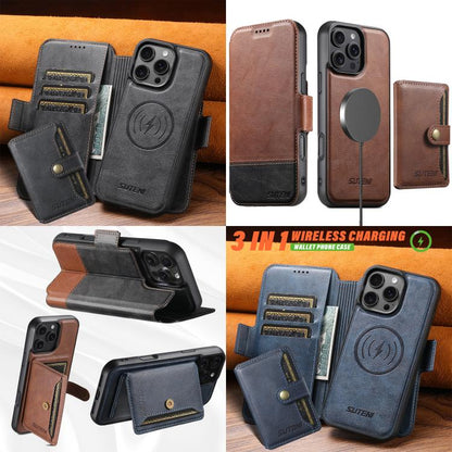 For iPhone 16 Suteni Q06S1 3-in-1 Splicing Detachable Wallet MagSafe Leather Phone Case(Black) by Suteni
