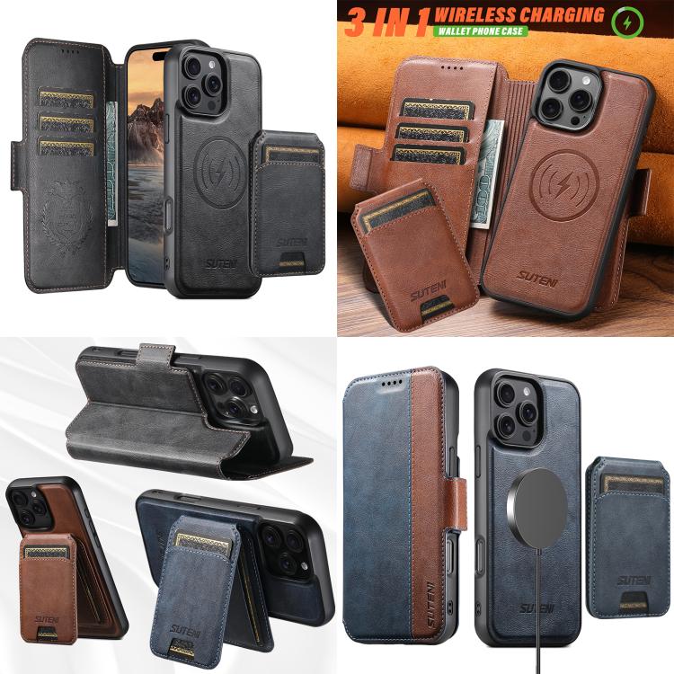 For iPhone 16 Plus Suteni Q07S2 3-in-1 Detachable Vertical Flip Wallet MagSafe Splicing Leather Phone Case(Black) by Suteni