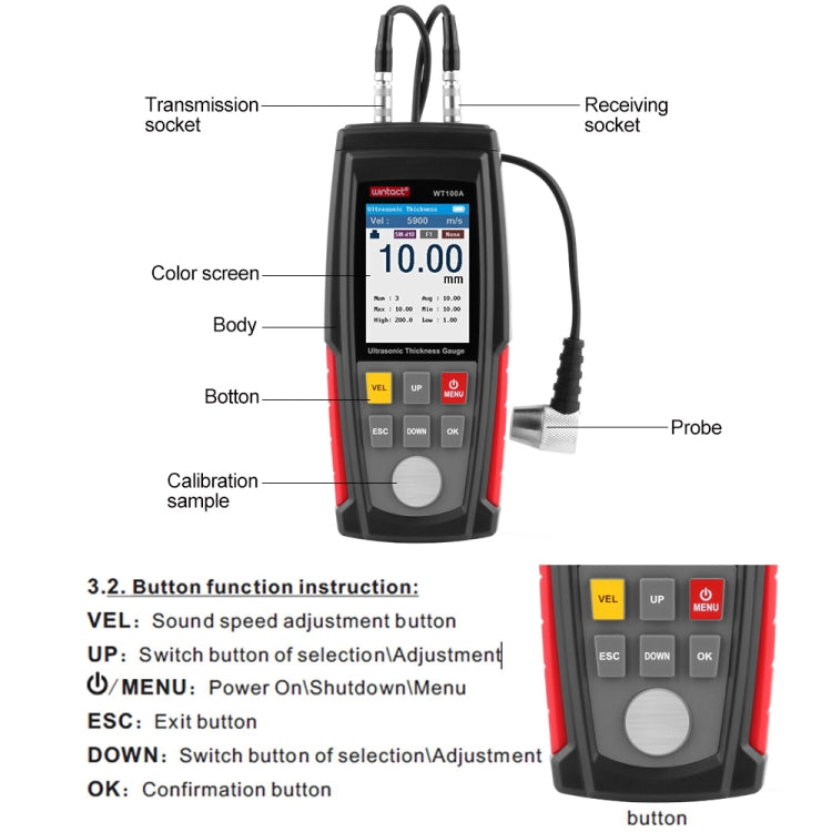 Wintact WT100A Digital Ultrasonic Thickness Gauge Meter Tester USB Charging Digital Thickness Metal Tester High Precision by Wintact