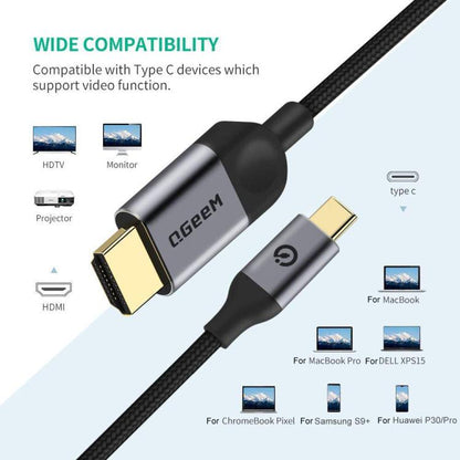 QGeeM USB-C/Type-C To HDMI Cable 4K 30Hz For Screen Mirroring & Extended Display, Cable Length: 1.8m by QGeeM