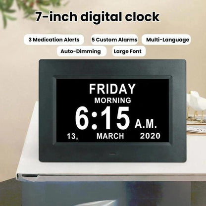 7-inch Digital Frame Calendar Day Clock With 3 Medication Alerts, 5 Custom Alarms, Multi-Language Support UK Plug Black by bashfashion